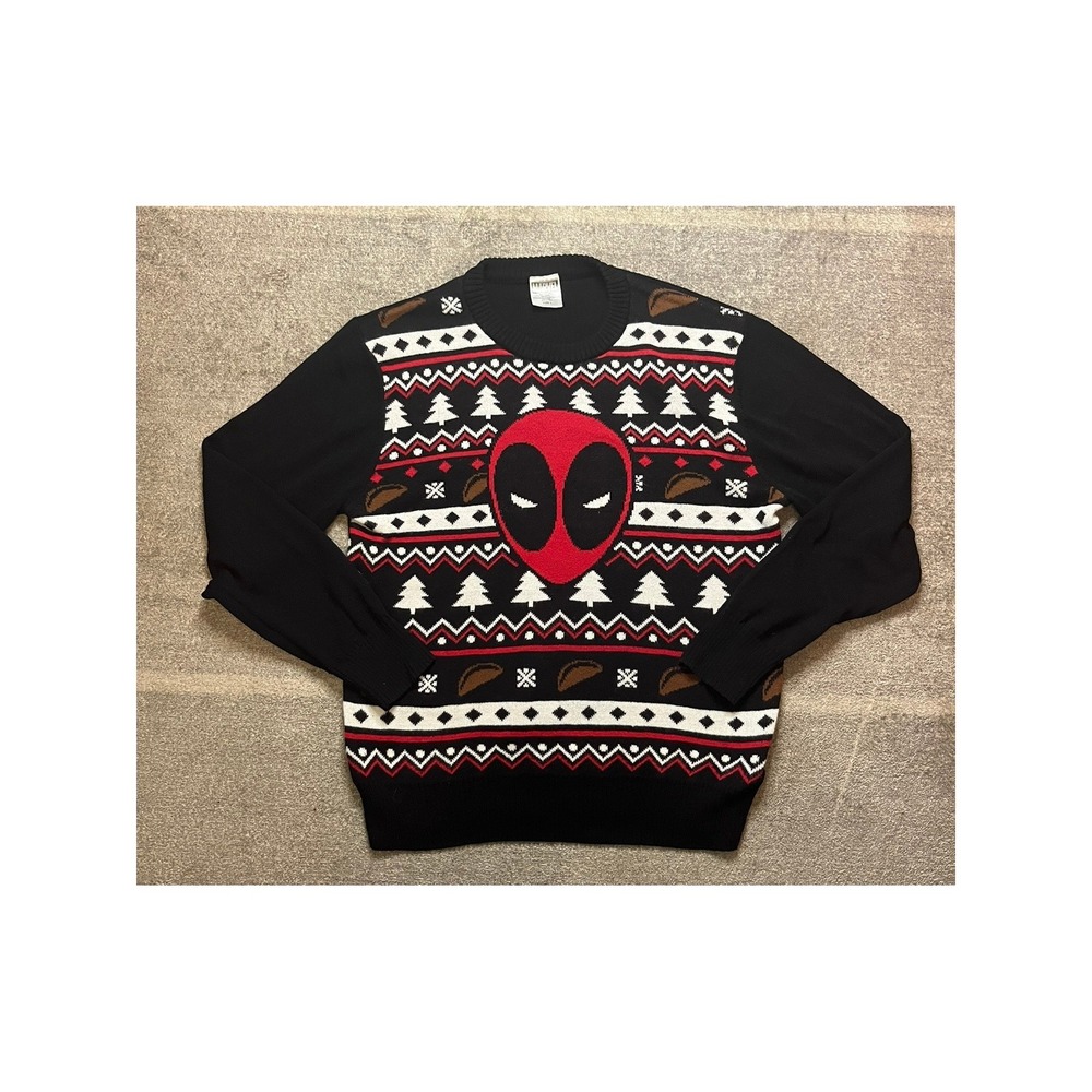 Marvel Deadpool Ugly Christmas Sweater Mens Large Black Fair Isle Tacos Holiday